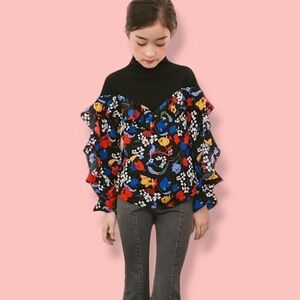 Girls Size 5 Berry Berry High Collar Floral Ruffled Lettuce Edge Top- Korean